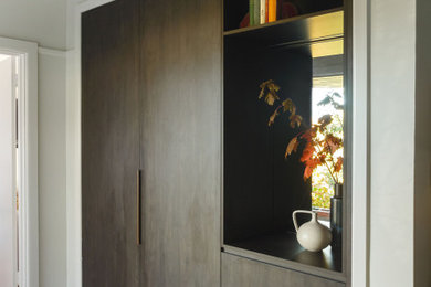 This is an example of a small contemporary foyer in Melbourne with white walls, light hardwood floors, a single front door and brown floor.