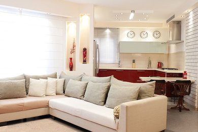 Mid-sized trendy formal and open concept living room photo in Chicago with beige walls