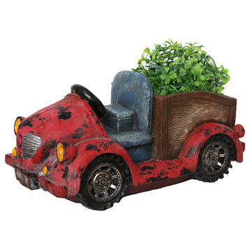 14.5" Red Vintage Car LED Lighted Solar Power Outdoor Garden Planter