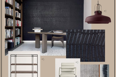 Stilmix Arbeitszimmer mit Arbeitsplatz, schwarzer Wandfarbe, Betonboden, freistehendem Schreibtisch, grauem Boden und Tapetenwänden in München