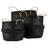Ella Black Seagrass Baskets With Light Brown Handles, 3-Piece Set