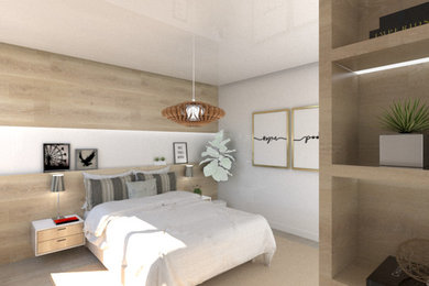 Diseño de dormitorio principal escandinavo pequeño con paredes blancas, suelo laminado y suelo marrón