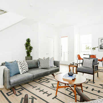 Mid Century Inspired Living Room with Brown and Blue Color Scheme