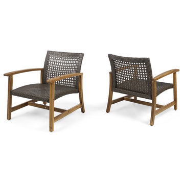 GDF Studio Viola Outdoor Wood and Wicker Club Chairs, Teak/Mixed Mocha, Set of 2