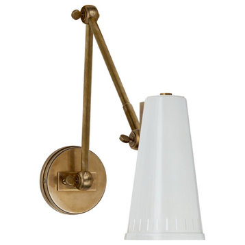 Adjustable Two Arm Wall Sconce, 1-Light Hand-Rubbed  Brass,  White Shade, 8.25"H