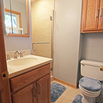 Small Bathroom Remodel with Corian Countertop, Beige Tiled Shower ~ Copley, OH