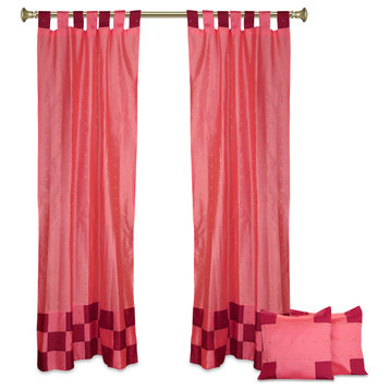 4 Pc Set Indian Sari Curtains & Cushion Covers - Boho Tab Top  - Peach 84"