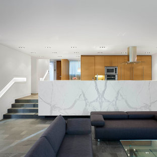 Idee per un piccolo soggiorno minimalista aperto con sala formale, pareti bianche, pavimento grigio, pavimento in ardesia, nessun camino e nessuna TV