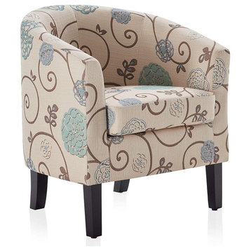 Upholstered Barrel Chair Tub Club Armrest Linen Living Room, Flower Print