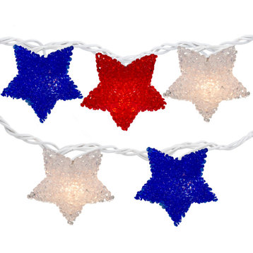 Set of 10 Red White and Blue 4th of July Star Christmas Lights, White Wire