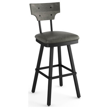 Amisco Gustavson Counter and Bar Stool, Grey Faux Leather / Grey Wood / Black Metal, Counter Height