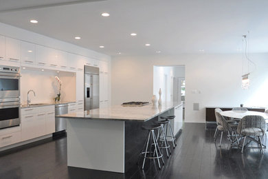 Inspiration for a large contemporary galley dark wood floor and black floor eat-in kitchen remodel in DC Metro with flat-panel cabinets, white cabinets, granite countertops, stainless steel appliances, an island and gray countertops
