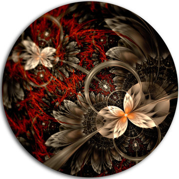 Red And Orange Fractal Flower Pattern, Floral Disc Metal Artwork, 11"
