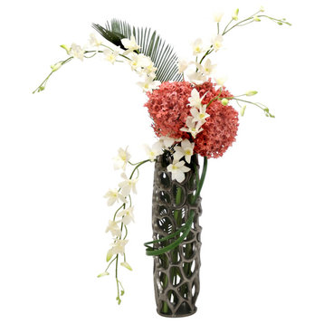 Honeycomb Black Nickel Vase with Orchids and Allium