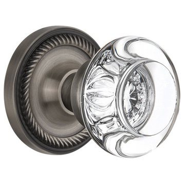 Rope Rosette Privacy Round Clear Crystal Glass Door Knob, Antique Pewter