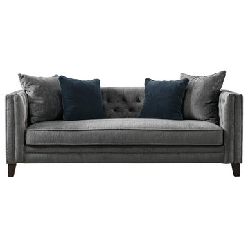 Mid Century Tuxedo Sofa, Soft Velvet Upholstered Seat With Deep Tufting, Grey