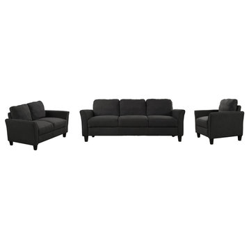 Fabric Sectional Sofa Set, 3-Seater Sofa, Loveseat and Couch Set of 3, Black