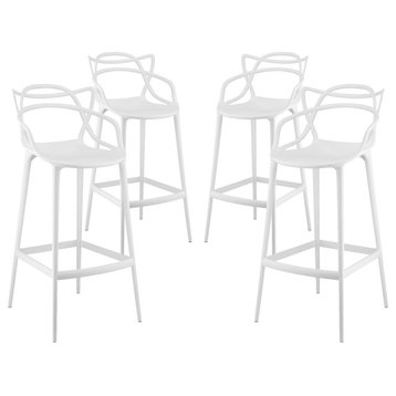 Modern Contemporary Urban Outdoor Bar Stool Chair, Set of 4, White, Plastic