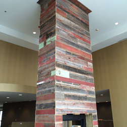 Antique Red Barnwood Paneling on a Commercial Lobby Fireplace Column - Wall Panels