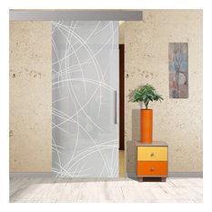 Sliding Barn Glass Door with Geometric Full Private Sandblasted Design, 32"x84"