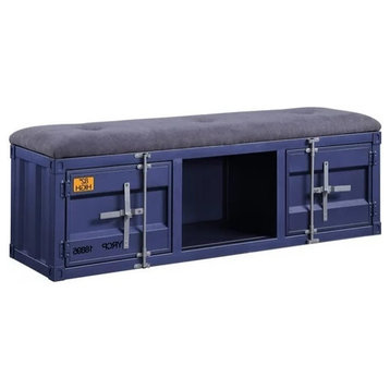 Industrial Storage Bench, Cargo Design With 2 Cabinets & Cushioned Seat, Blue