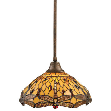 Toltec Lighting Stem Pendant, 16" Amber Dragonfly Tiffany Glass