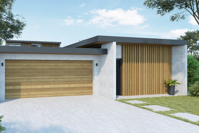 Large contemporary two-storey concrete grey house exterior in Gold Coast - Tweed with a flat roof and a metal roof.