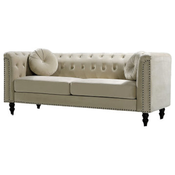 Elegant Sofa, Nailhead Trim & Button Tufted Back With 2 Pillows, Cream