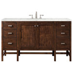 James Martin Furniture - Addison 60" Single Vanity Cabinet, Mid Century Acacia, Eternal Jasmine Pearl Quartz - The Addison Collection 60" Freestanding Vanity by James Martin Vanities comes in a Mid-Century Acacia finish on parawood giving you a fresh take on Shaker-inspired design with a look of luxury. Handcrafted and gender-neutral, it fits effortlessly into modern or transitional rooms. The Shaker touch comes from the sides, drawers, and doors. Each of the drawers feature full extensions with a undermounted slides as well as a brushed aluminum finished laminate that goes on the bottom of the drawer for easy clean up and like the door has a soft-close. The body of the cabinet is made of solid hardwood and sturdy panels of MDF.