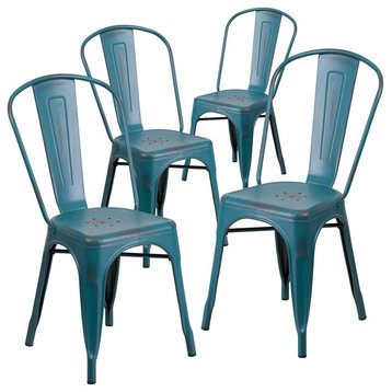 Distressed Kelly Blue Metal Indoor Stackable Chairs, Set of 4