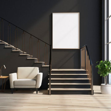 Modern Wood Staircase with Iron Balusters