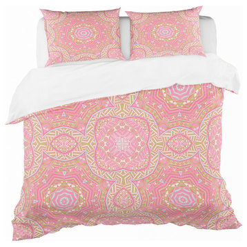 Pink and Green Star Mandala Bohemian and Eclectic Duvet Cover, Queen
