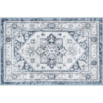 Roselyn Traditional Medallion Area Rug, White/Blue, 2' X 3'