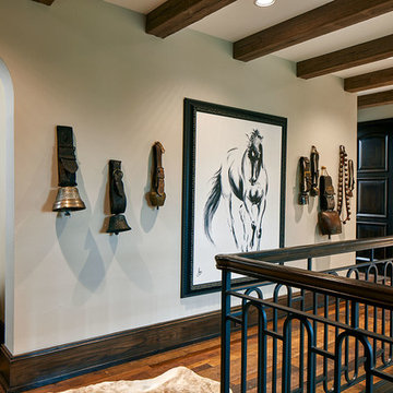 Upper Hallway with Wood Beam Ceiling, Cow Bell Collection