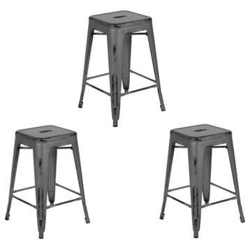 Home Square 3 Piece 24" Metal Counter Stool Set in Distressed Silver Gray
