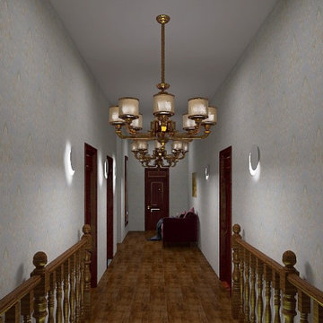 Interior of a two-story house in the Biedermeier style.