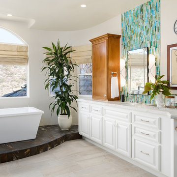 White & Bright Master Bathroom w/ Teal mosaic tile backsplash & Freestanding tub