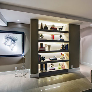 Example of a mid-sized trendy formal and open concept porcelain tile living room design in Miami with brown walls and a concealed tv