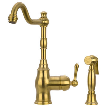 One-Handle Copper Widespread Kitchen Faucet with Side Sprayer, Brushed Gold