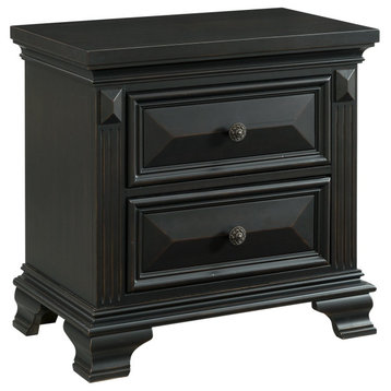 Classic Nightstand, 2 Drawers With Beveled Front & Round Knobs, Antique Black
