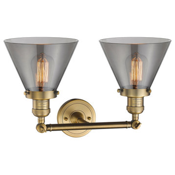 Large Cone 2-Light Bath Fixture, Smoked Glass, Brushed Brass