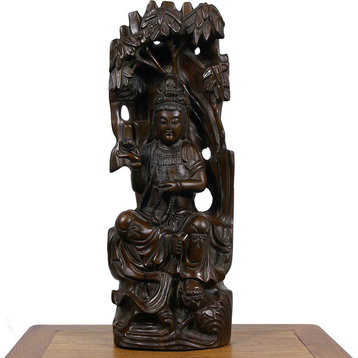 Consigned Chinese Antique Wood Carved Kwan Yin Statuary 25X33