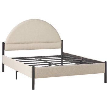 Walker Edison Upholstered Metal Queen Bed with Arched Headboard in Oatmeal