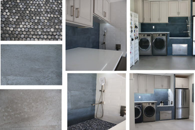 Example of a mid-sized minimalist gray floor laundry room design in Miami with gray cabinets and blue backsplash