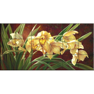 Tile Mural, Golden Cymbidium Orchid by Laurie Snow Hein