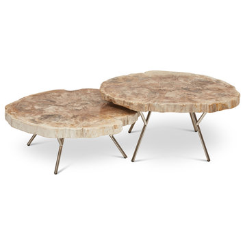 Relique Lastra Coffee Table Set of 2, Polished Stainless Steel/Natural Light Top