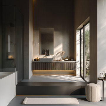 Fluted Gray Oak Floating Vanity – Contemporary Wall Hung Bathroom Cabinet