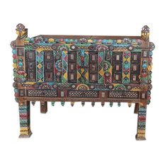 Consigned Rustic Colorful Damchiya Console Traditional Hand Carved Dowry Chest