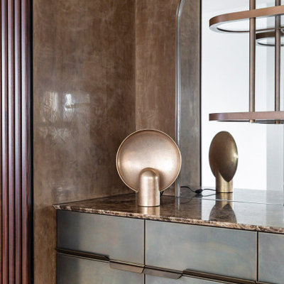 Inspiration for a large contemporary single-wall dry bar remodel in Sydney with flat-panel cabinets, brown cabinets, marble countertops and multicolored countertops