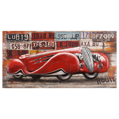 "Jaguar XK120" Classic Red Car Hand Painted Dimensional Iron Wall Art on Wood